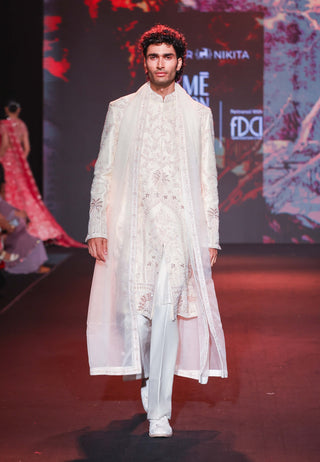 White and gold embroidered sherwani set