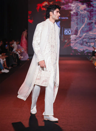 White and gold embroidered sherwani set