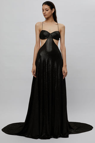 Deme By Gabriella-Black Sequin Waist Cutout Gown-INDIASPOPUP.COM