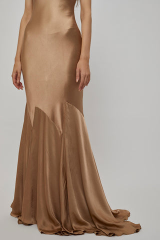 Deme By Gabriella-Beige Satin Fitted Gown-INDIASPOPUP.COM