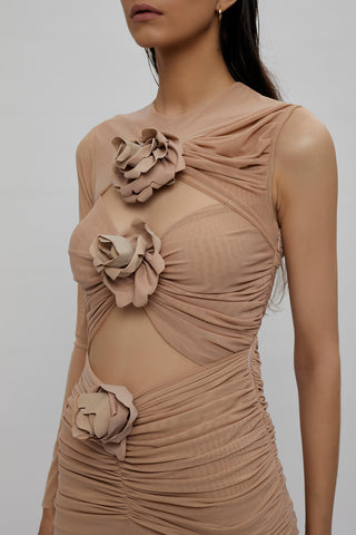 Deme By Gabriella-Nude Pink Net Fitted Dress-INDIASPOPUP.COM