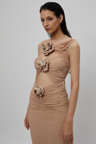 Deme By Gabriella-Nude Pink Net Fitted Dress-INDIASPOPUP.COM