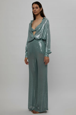 Deme By Gabriella-Teal Sequins Shirt And Pant Set-INDIASPOPUP.COM