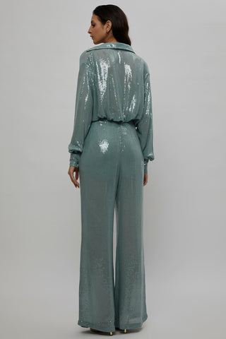 Deme By Gabriella-Teal Sequins Shirt And Pant Set-INDIASPOPUP.COM