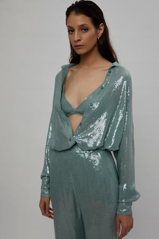 Deme By Gabriella-Teal Sequins Shirt And Pant Set-INDIASPOPUP.COM