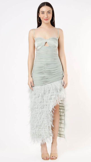 Deme By Gabriella-Mint Ruched Dress With Feathers-INDIASPOPUP.COM