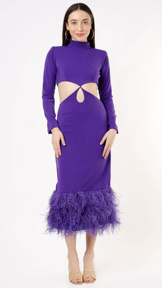 Deme By Gabriella-Purple Waist Cutout Dress With Feathers-INDIASPOPUP.COM
