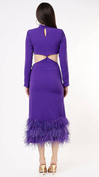 Deme By Gabriella-Purple Waist Cutout Dress With Feathers-INDIASPOPUP.COM