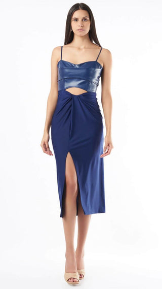Deme By Gabriella-Blue Leather Bustier Fitted Dress-INDIASPOPUP.COM