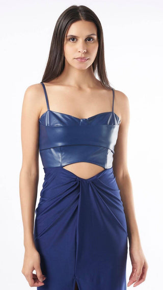 Deme By Gabriella-Blue Leather Bustier Fitted Dress-INDIASPOPUP.COM