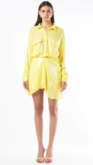 Deme By Gabriella-Lemon Yellow Sequins Shirt And Skirt-INDIASPOPUP.COM