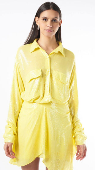 Deme By Gabriella-Lemon Yellow Sequins Shirt And Skirt-INDIASPOPUP.COM