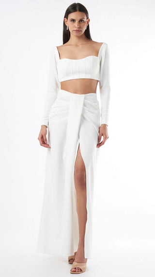 Deme By Gabriella-White Corset Top And Draped Skirt-INDIASPOPUP.COM