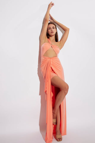 Deme By Gabriella-Peach One-Shoulder Dress-INDIASPOPUP.COM