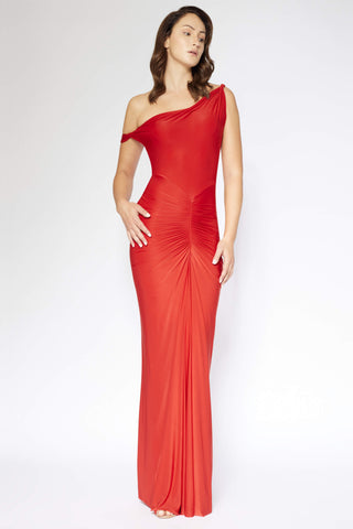 Deme By Gabriella-Red One-Shoulder Gown-INDIASPOPUP.COM