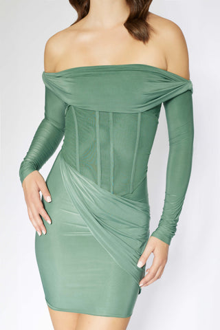 Deme By Gabriella-Teal Green Fitted Dress With Corset-INDIASPOPUP.COM