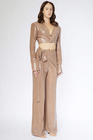 Deme By Gabriella-Beige Sequins Crop Blazer And Pant Set-INDIASPOPUP.COM