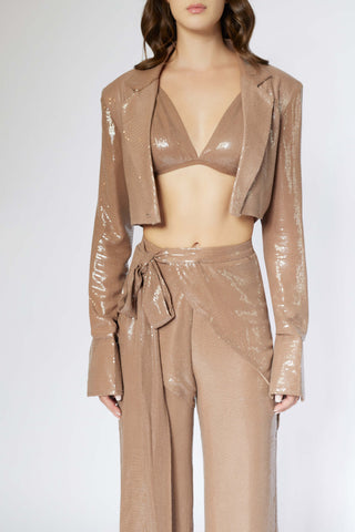 Deme By Gabriella-Beige Sequins Crop Blazer And Pant Set-INDIASPOPUP.COM