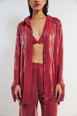 Deme By Gabriella-Tracy Red Sequin Shirt And Pant Set-INDIASPOPUP.COM