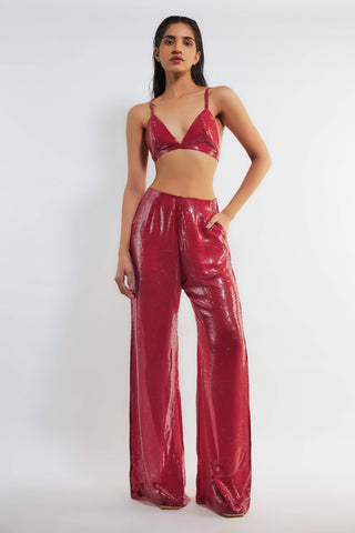 Deme By Gabriella-Tracy Red Sequin Shirt And Pant Set-INDIASPOPUP.COM