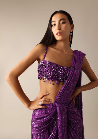 Deme By Gabriella-Bertha Purple Embroidered Pleated Sari And Blouse-INDIASPOPUP.COM