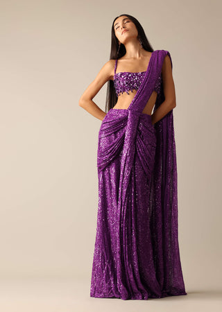 Deme By Gabriella-Bertha Purple Embroidered Pleated Sari And Blouse-INDIASPOPUP.COM