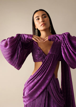 Deme By Gabriella-Brianna Purple Pre-Pleated Sari-INDIASPOPUP.COM