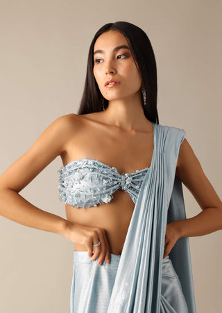 Deme By Gabriella-Dora Blue Silver Pleated Sari And Blouse-INDIASPOPUP.COM