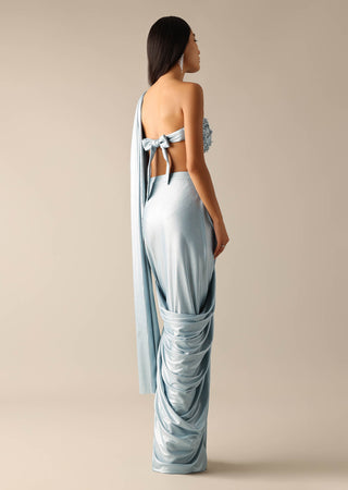 Deme By Gabriella-Dora Blue Silver Pleated Sari And Blouse-INDIASPOPUP.COM