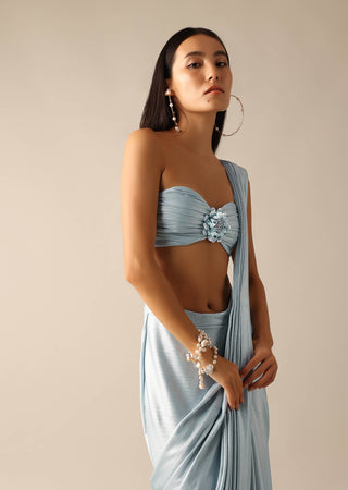 Deme By Gabriella-Lia Blue Silver Sari And Blouse-INDIASPOPUP.COM
