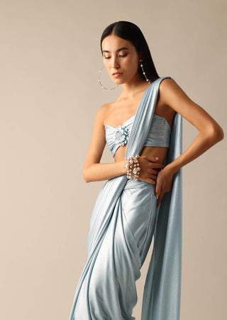 Deme By Gabriella-Lia Blue Silver Sari And Blouse-INDIASPOPUP.COM