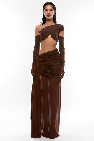 Deme By Gabriella-Brown Rouched Top And Pleated Skirt-INDIASPOPUP.COM