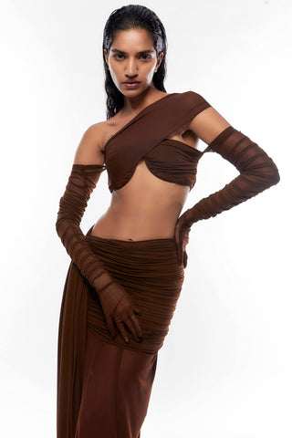 Deme By Gabriella-Brown Rouched Top And Pleated Skirt-INDIASPOPUP.COM