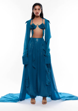 Deme By Gabriella-Turquoise Blue Cape And Harem Pant Set-INDIASPOPUP.COM