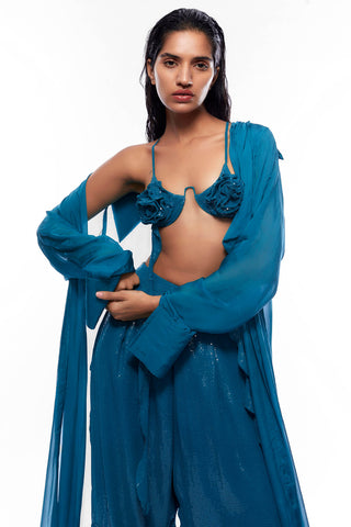 Deme By Gabriella-Turquoise Blue Cape And Harem Pant Set-INDIASPOPUP.COM