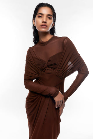 Deme By Gabriella-Chocolate Brown Draped Dress-INDIASPOPUP.COM