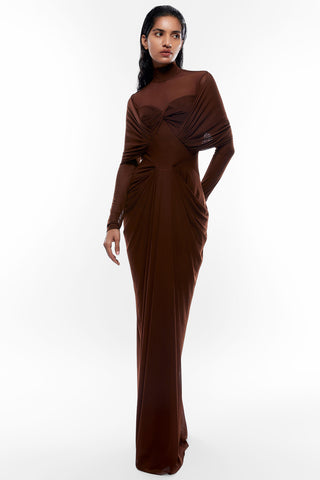 Deme By Gabriella-Chocolate Brown Draped Dress-INDIASPOPUP.COM