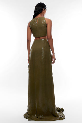 Deme By Gabriella-Olive Green Sequin Top With Skirt-INDIASPOPUP.COM