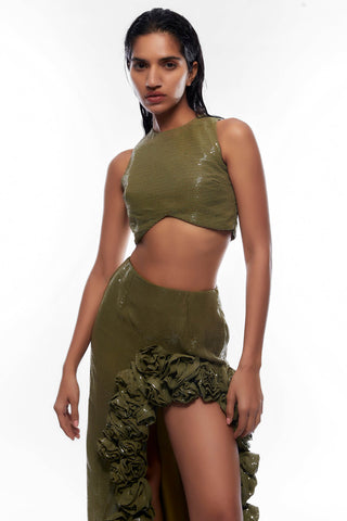 Deme By Gabriella-Olive Green Sequin Top With Skirt-INDIASPOPUP.COM