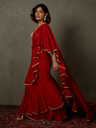 Ri.Ritu Kumar-Red Ruby Embroidered Draped Sari And Stitched Blouse-INDIASPOPUP.COM