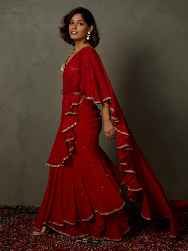 Red ruby embroidered draped sari and stitched blouse