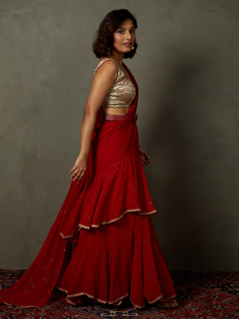 Red ruby embroidered draped sari and stitched blouse