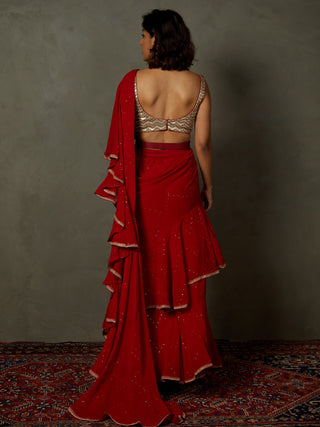 Ri.Ritu Kumar-Red Ruby Embroidered Draped Sari And Stitched Blouse-INDIASPOPUP.COM