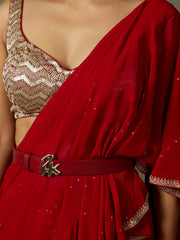 Red ruby embroidered draped sari and stitched blouse
