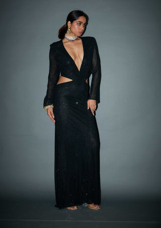 Itrh-Tanina Black Crystal Embellished Gown-INDIASPOPUP.COM