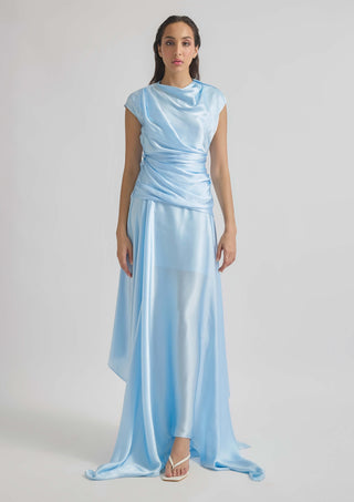 Azura Baby Blue Satin Gown by Deme By Gabriella, available on Indiaspopup.com