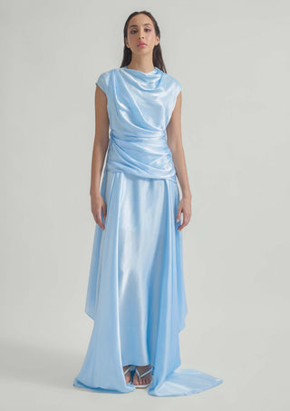 Azura Baby Blue Satin Gown by Deme By Gabriella, available on Indiaspopup.com