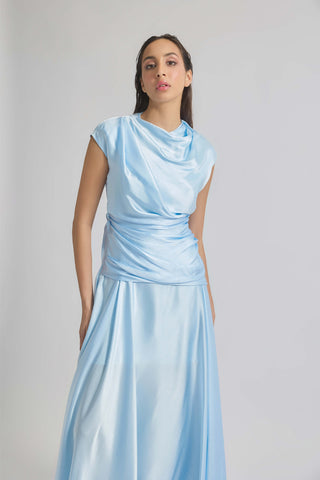 Azura Baby Blue Satin Gown by Deme By Gabriella, available on Indiaspopup.com