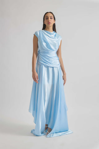 Azura Baby Blue Satin Gown by Deme By Gabriella, available on Indiaspopup.com