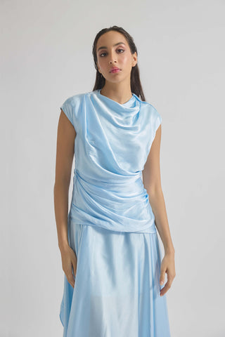 Azura Baby Blue Satin Gown by Deme By Gabriella, available on Indiaspopup.com